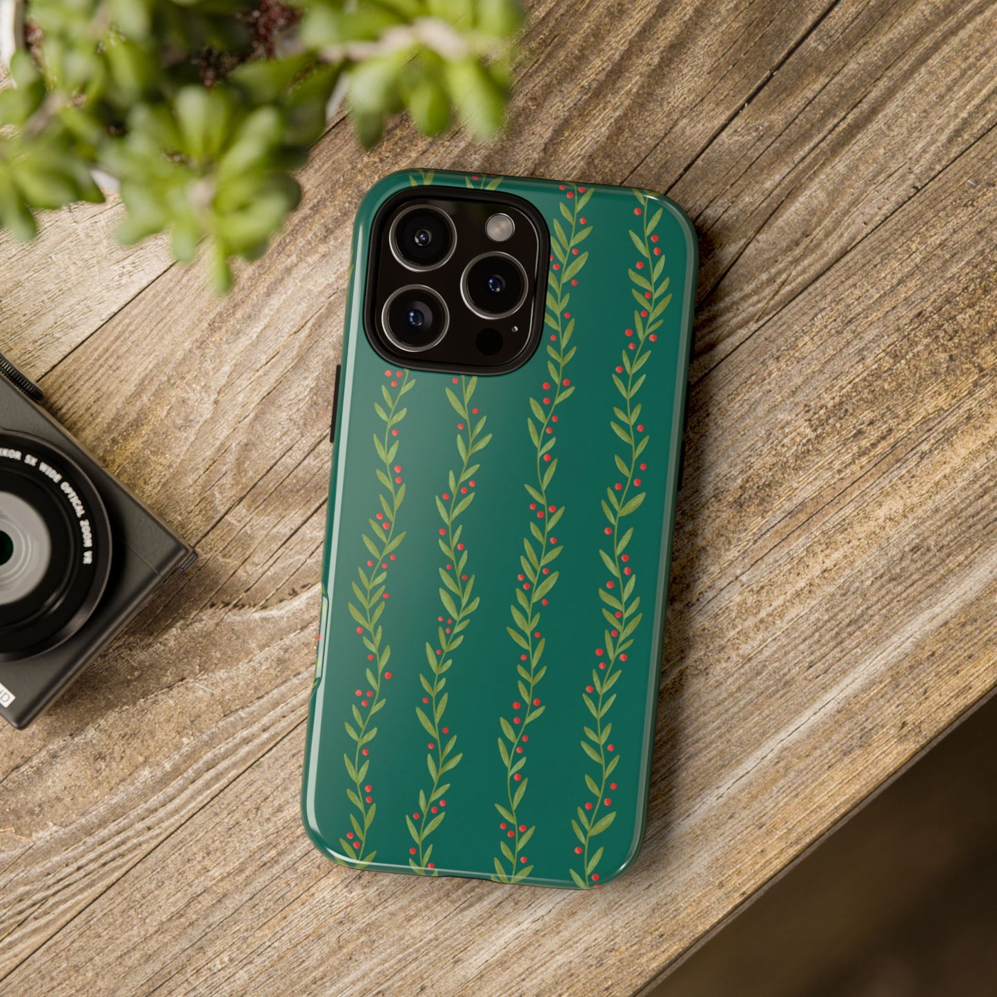 Green Christmas Holly Garland - iPhone Case