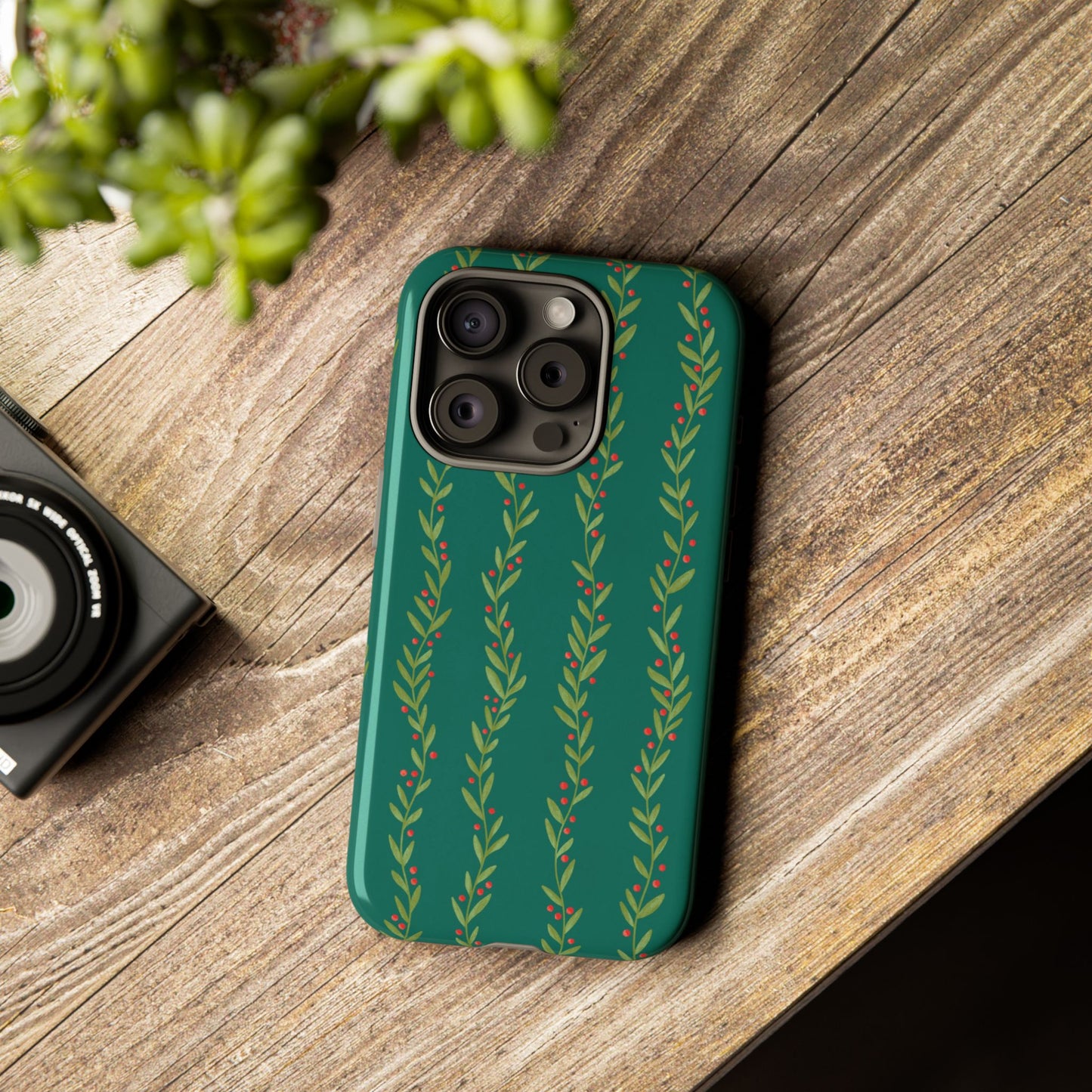 Green Christmas Holly Garland - iPhone Case