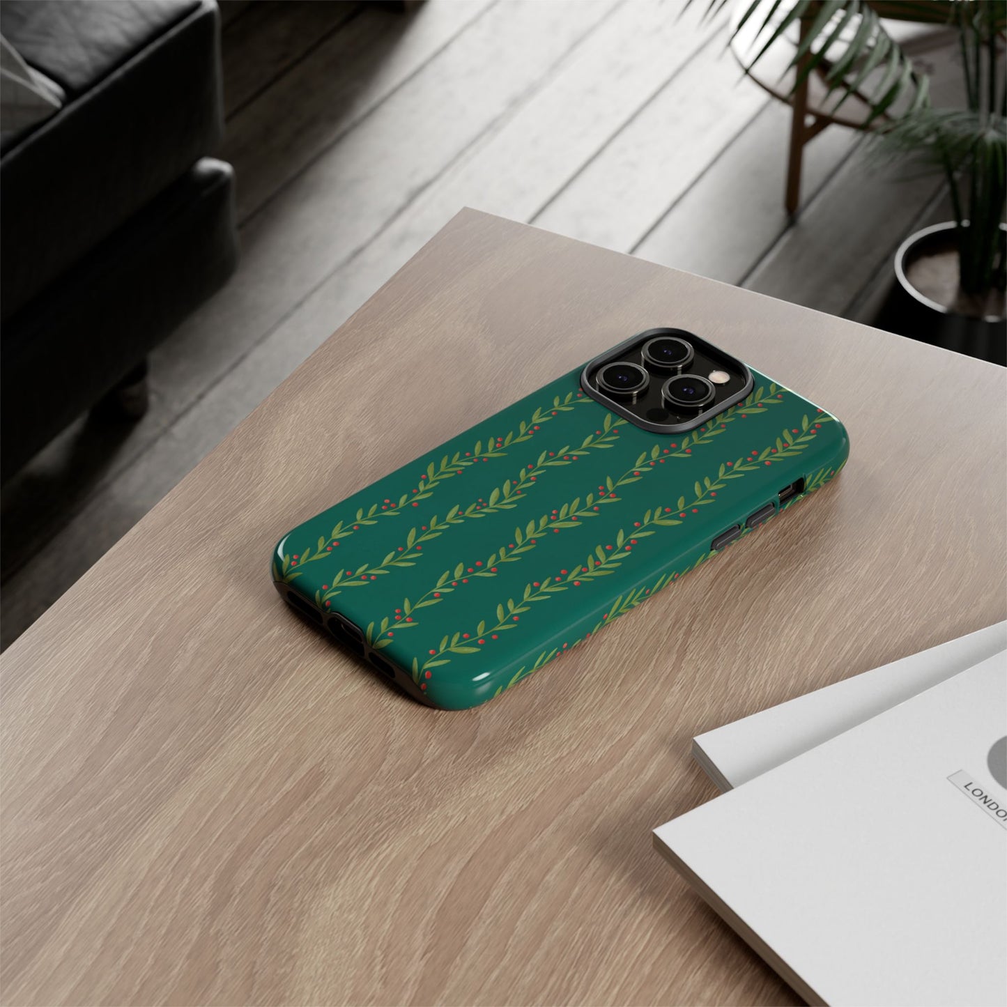 Green Christmas Holly Garland - iPhone Case
