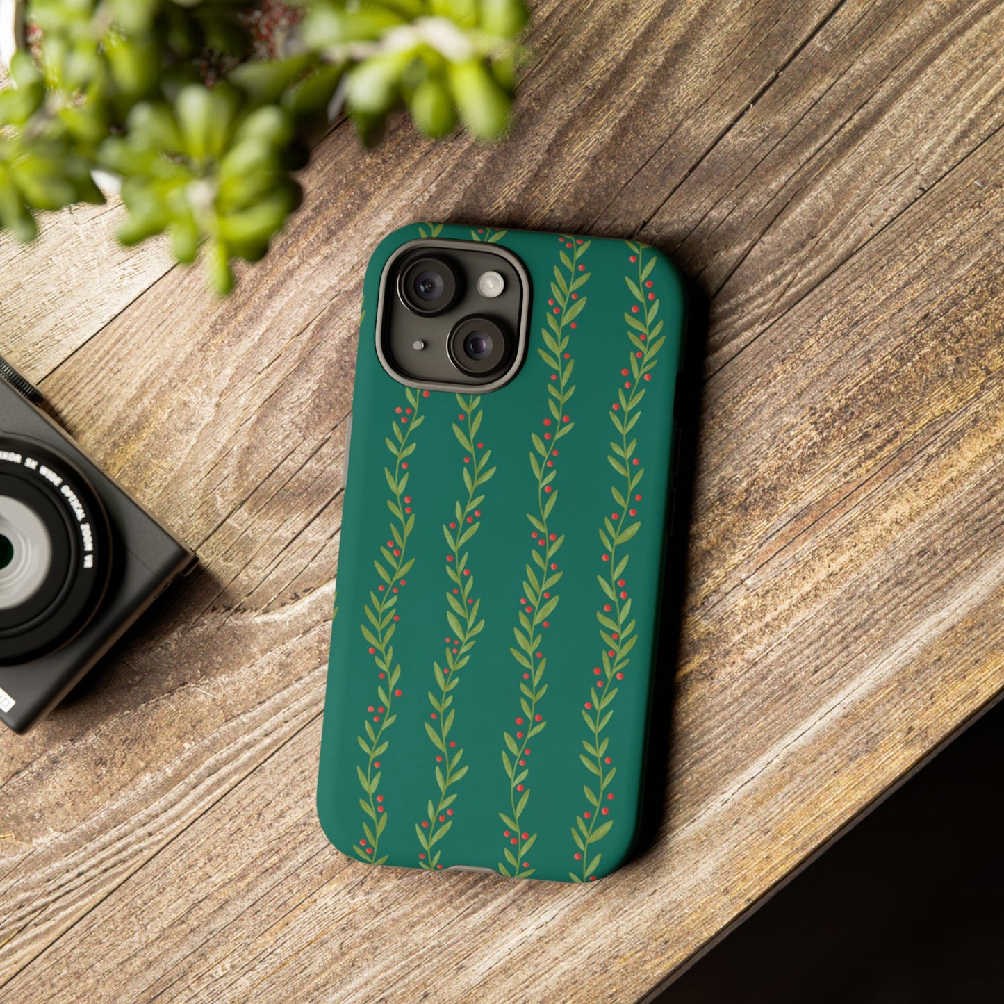 Green Christmas Holly Garland - iPhone Case