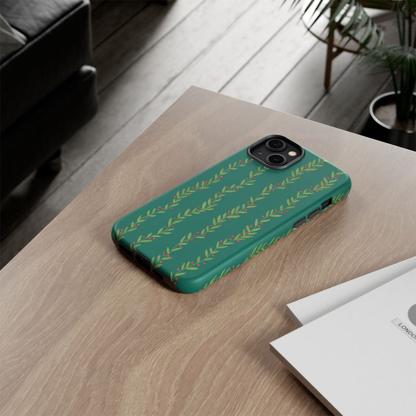 Green Christmas Holly Garland - iPhone Case