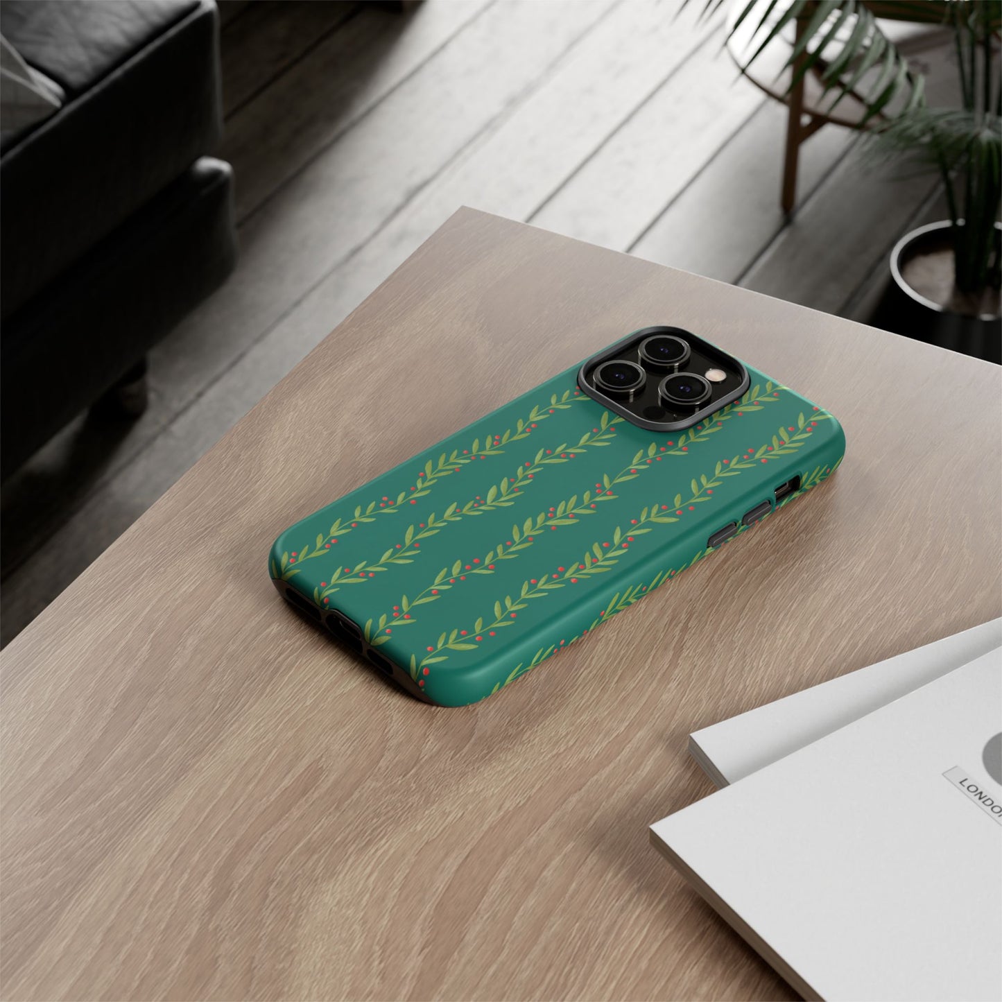 Green Christmas Holly Garland - iPhone Case