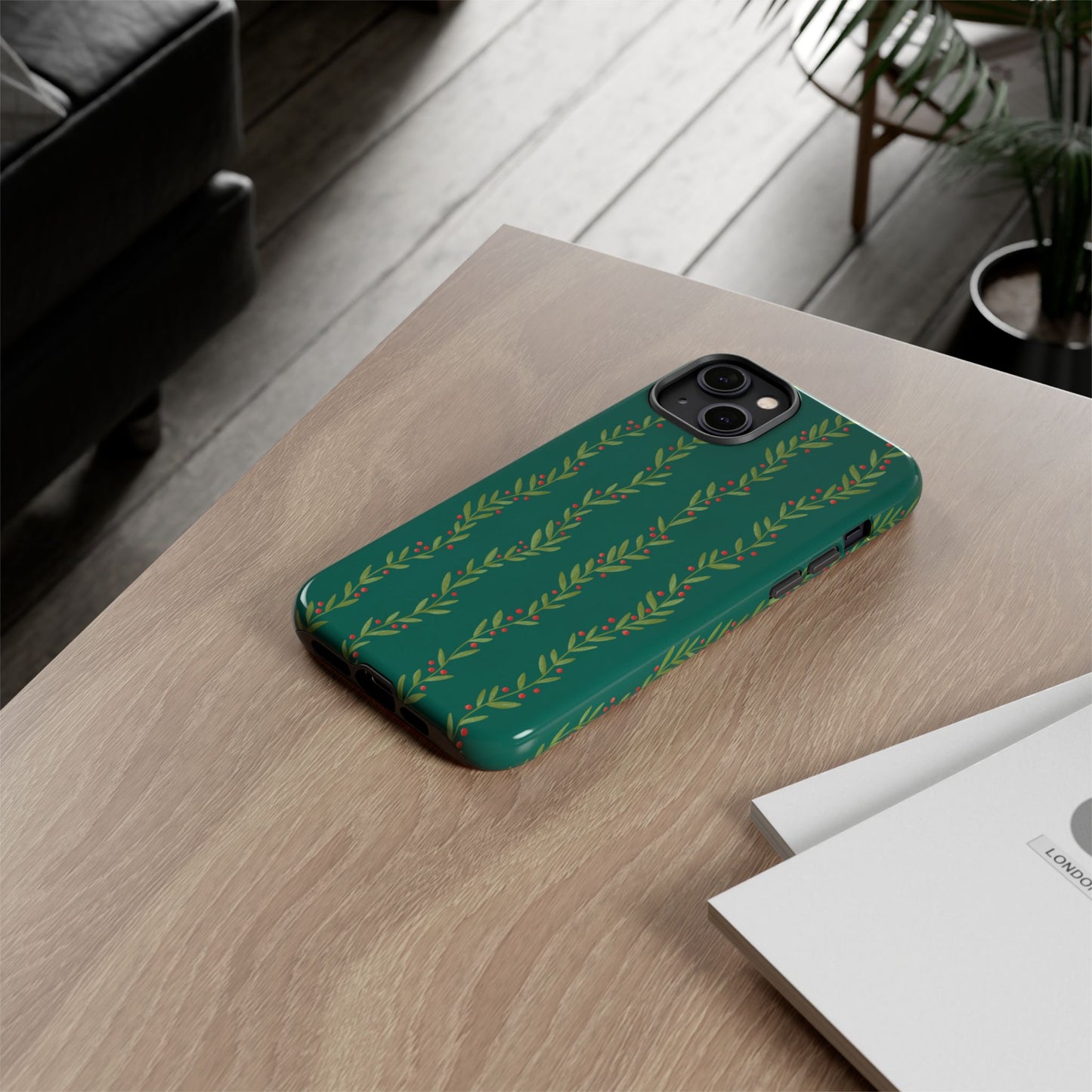 Green Christmas Holly Garland - iPhone Case