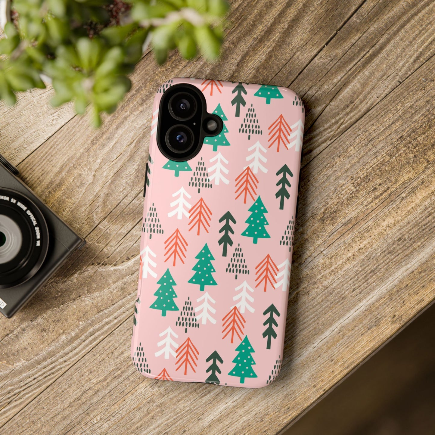 Christmas Trees Pink Background Pattern - iPhone Case