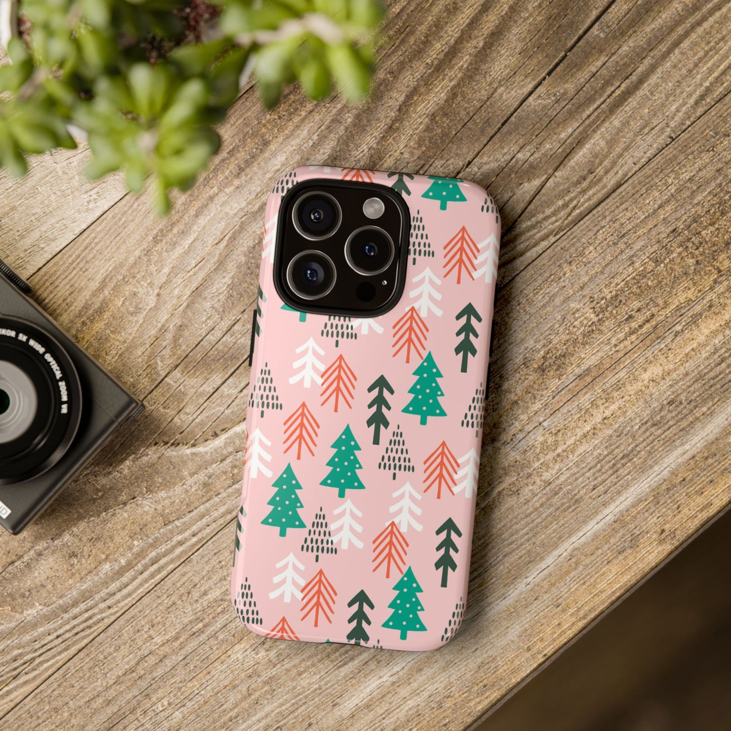 Christmas Trees Pink Background Pattern - iPhone Case