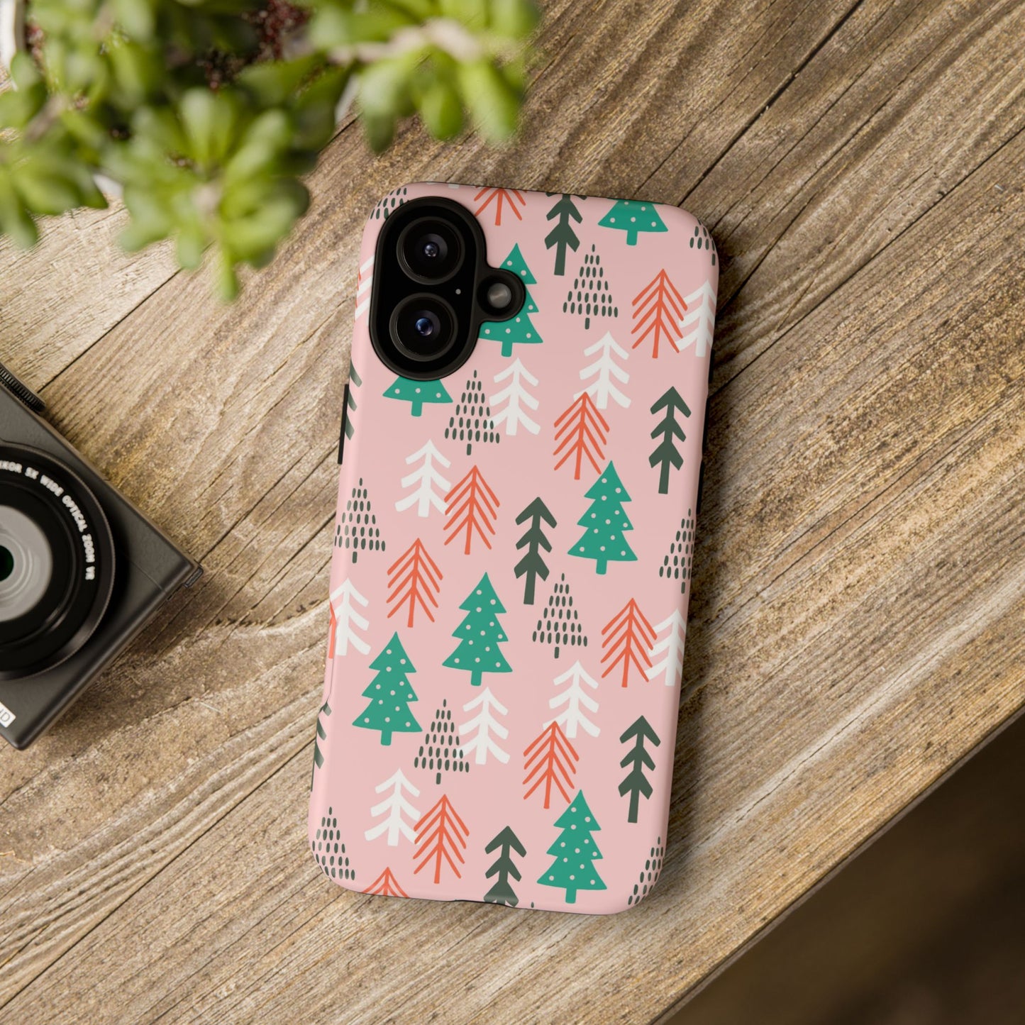 Christmas Trees Pink Background Pattern - iPhone Case