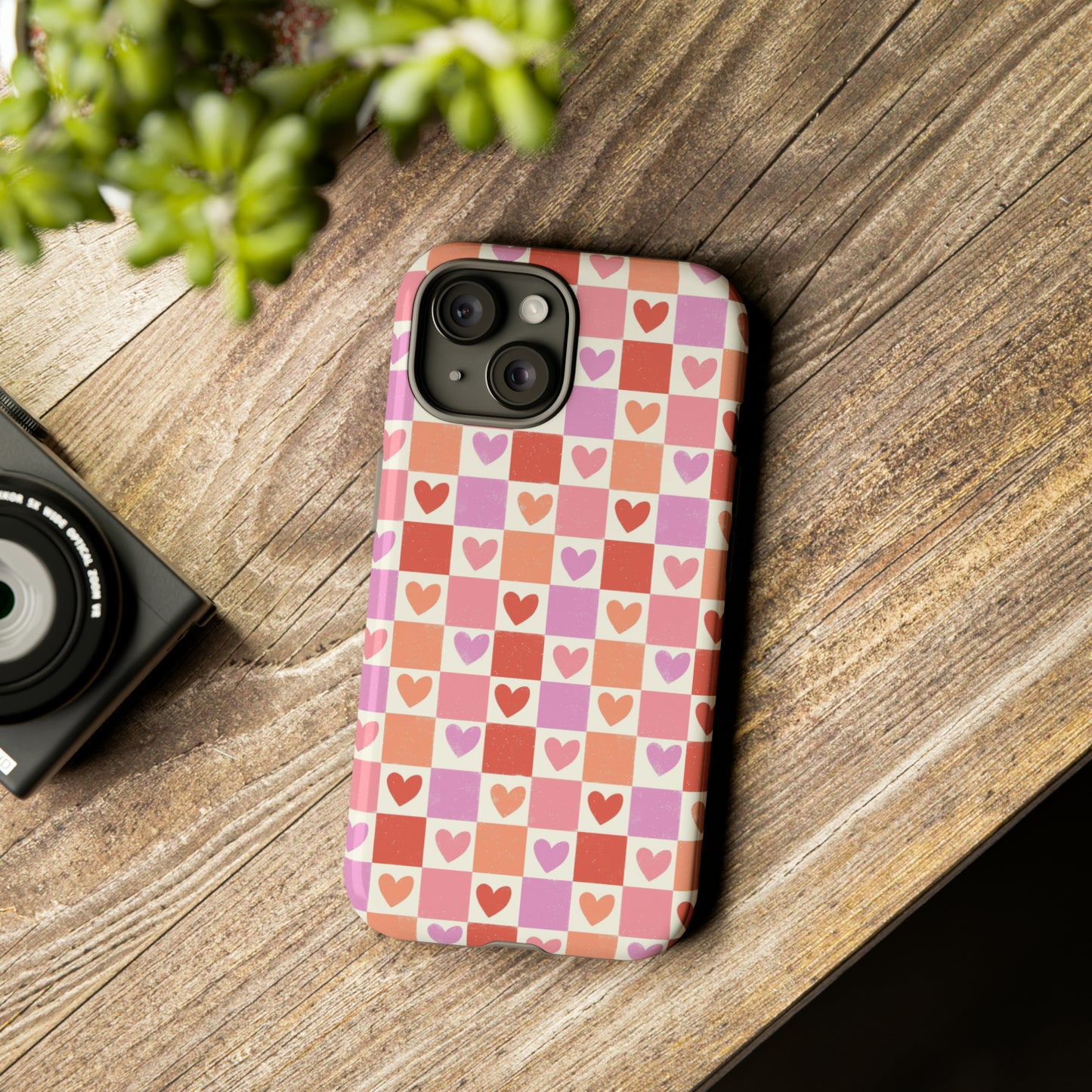 Pink Check Hearts iPhone Case