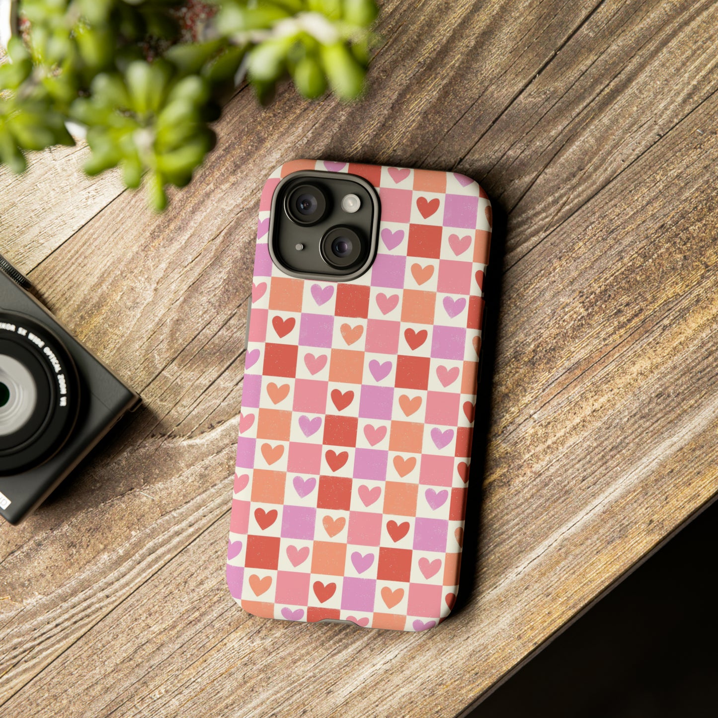 Pink Check Hearts iPhone Case