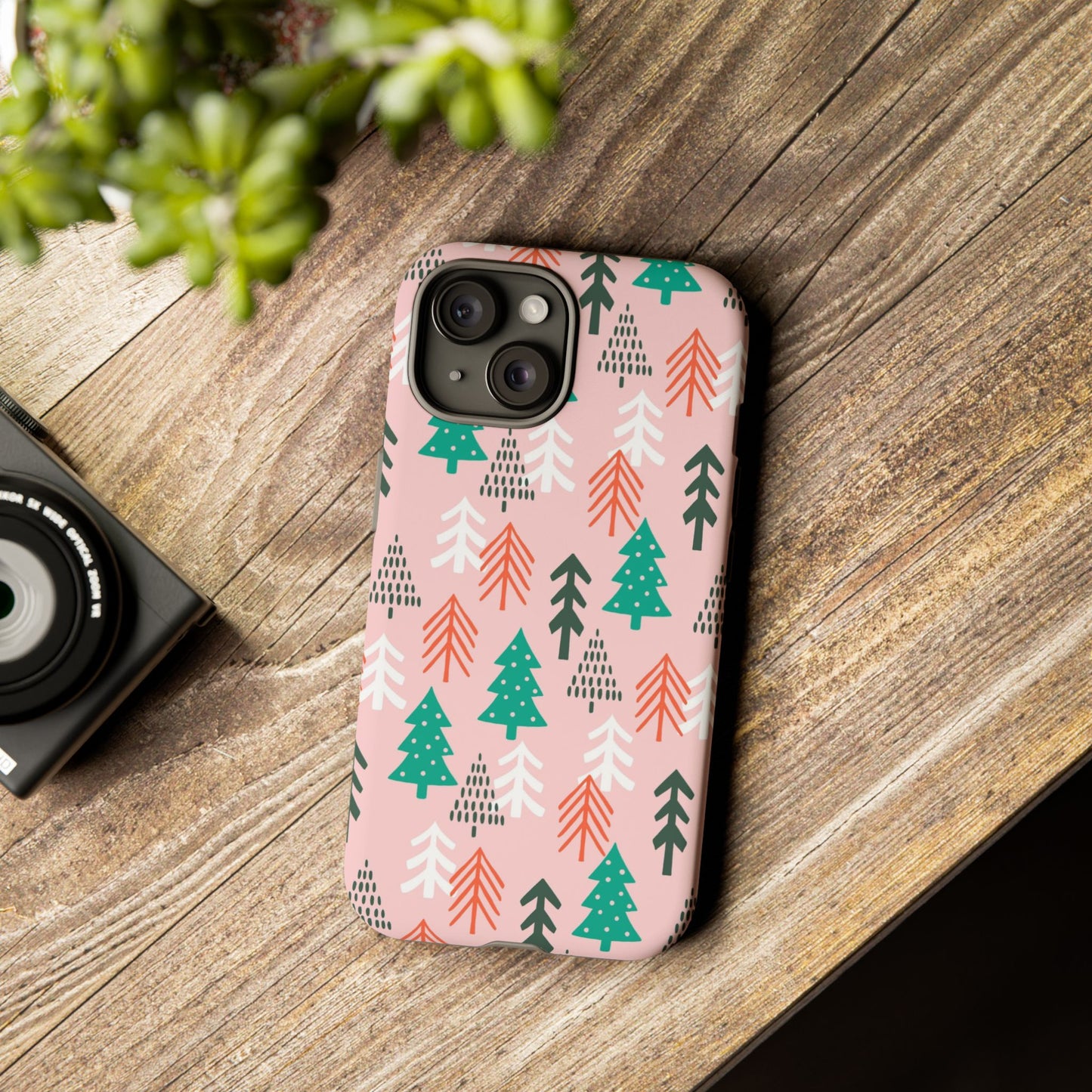 Christmas Trees Pink Background Pattern - iPhone Case