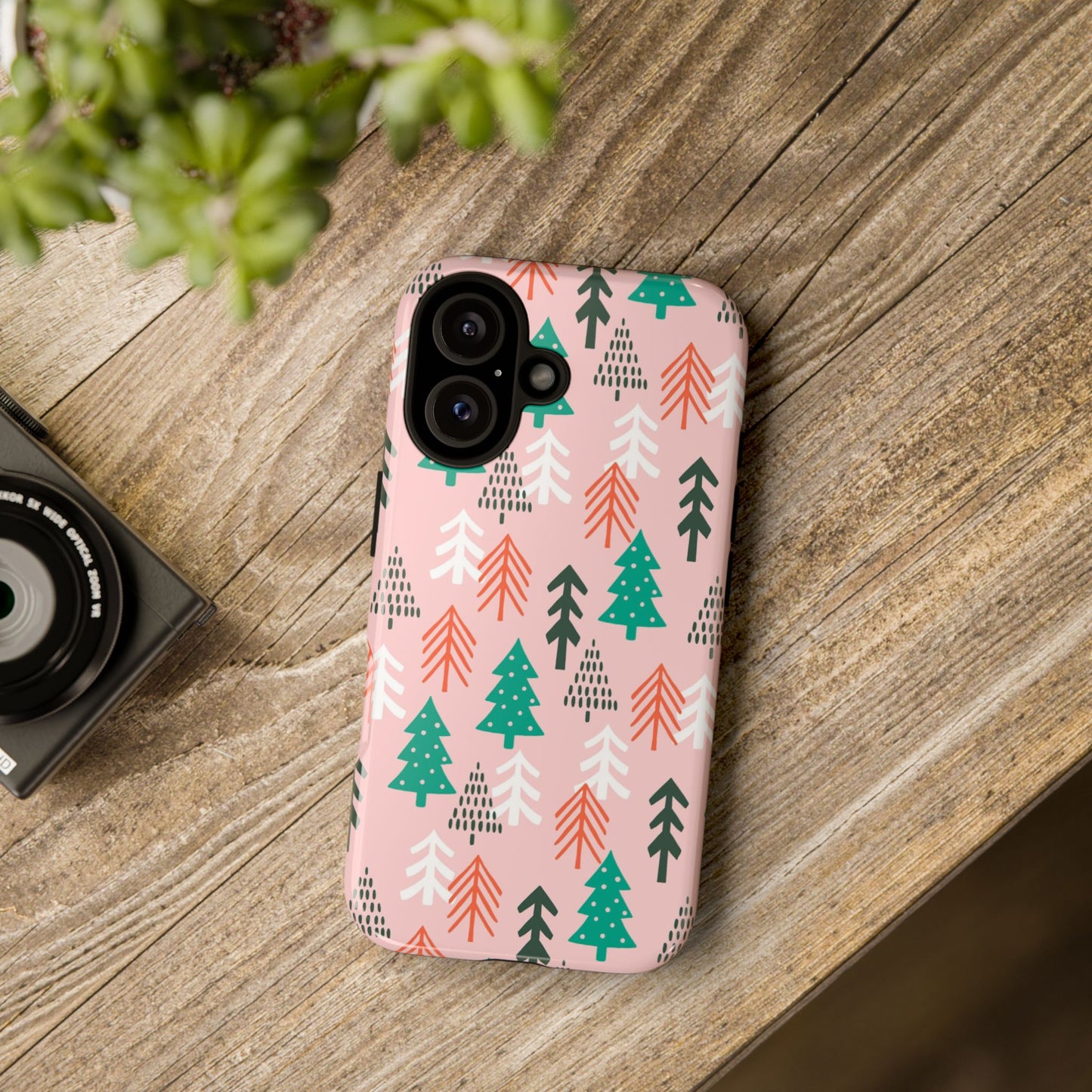 Christmas Trees Pink Background Pattern - iPhone Case