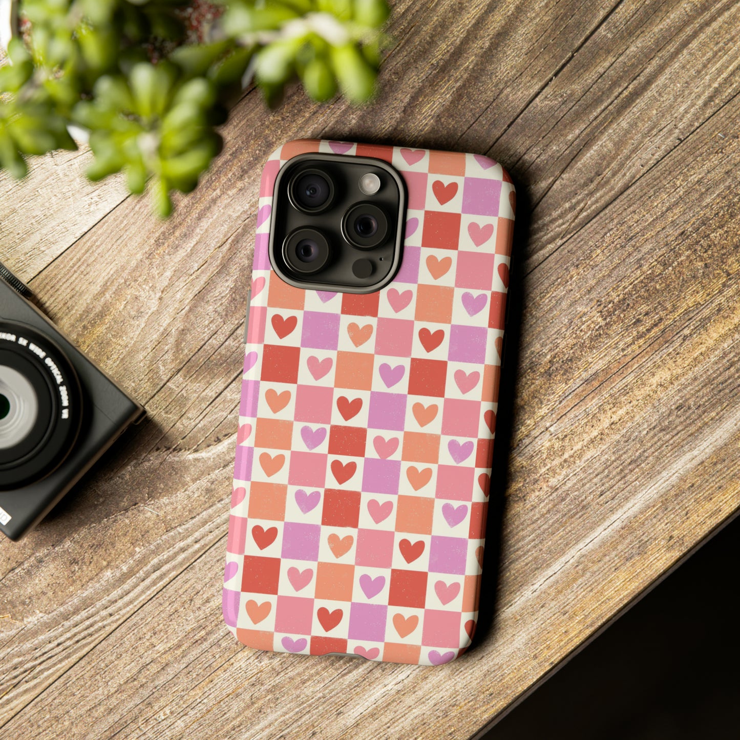 Pink Check Hearts iPhone Case