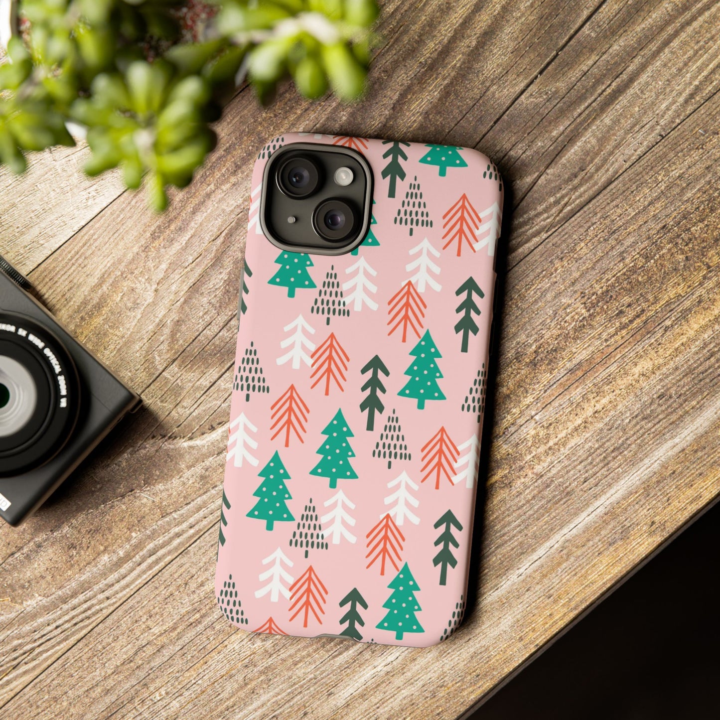 Christmas Trees Pink Background Pattern - iPhone Case