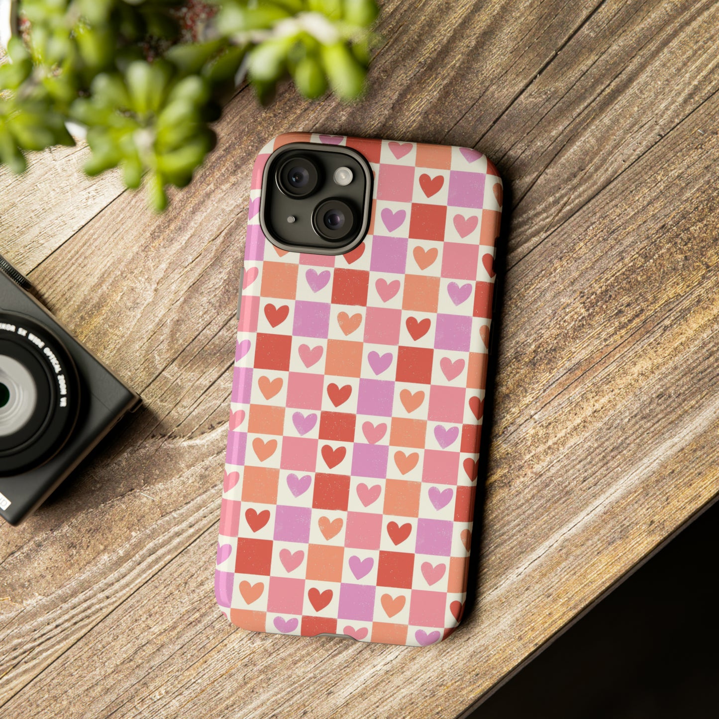 Pink Check Hearts iPhone Case