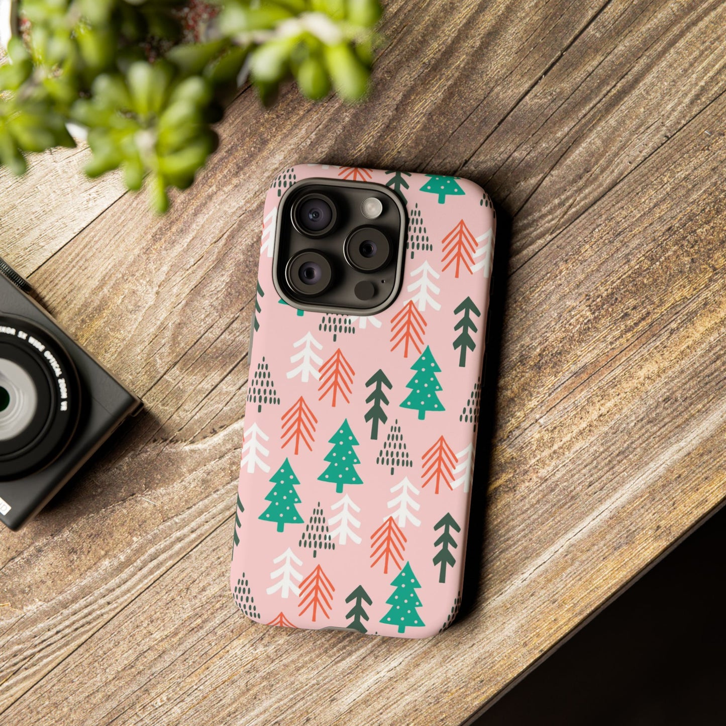 Christmas Trees Pink Background Pattern - iPhone Case