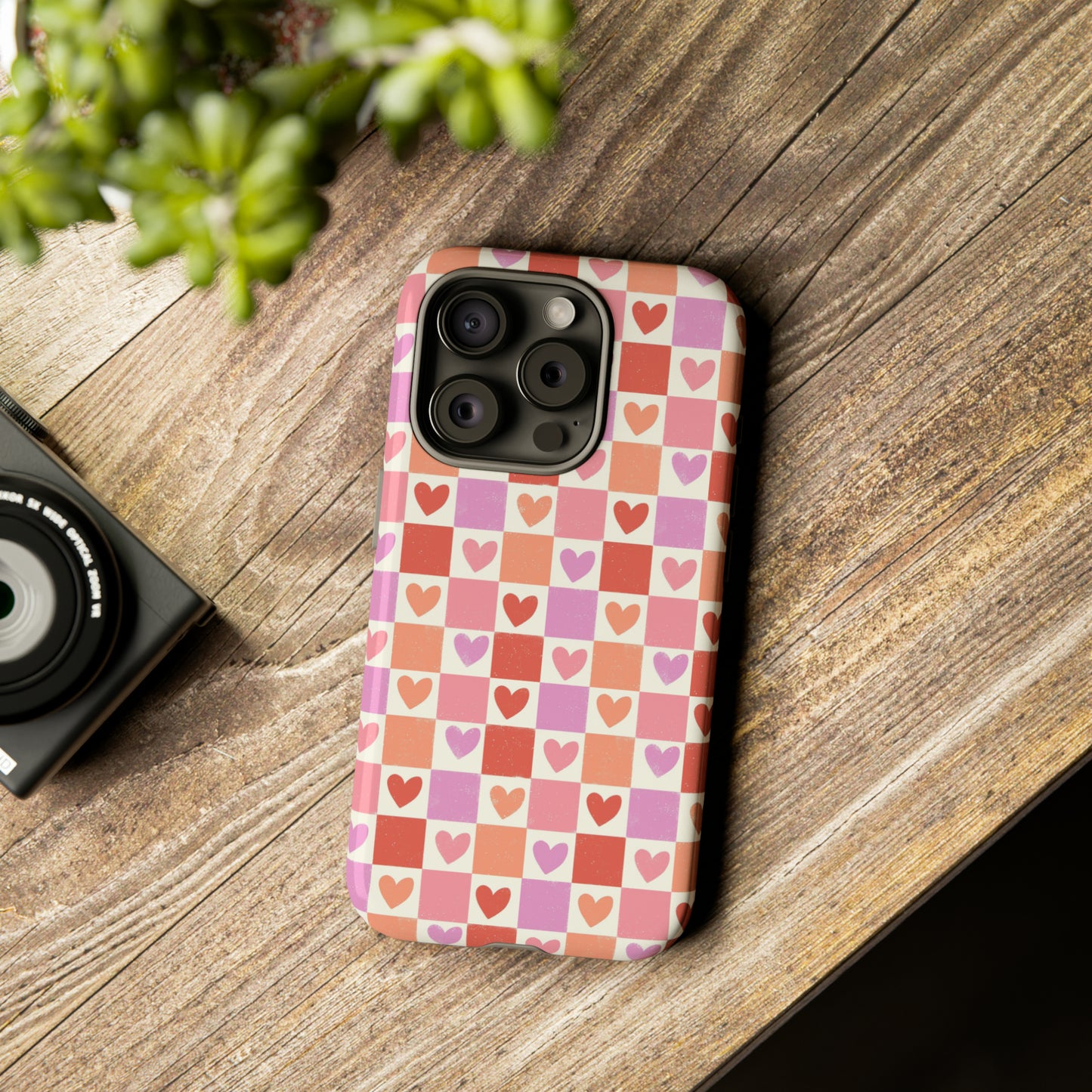 Pink Check Hearts iPhone Case