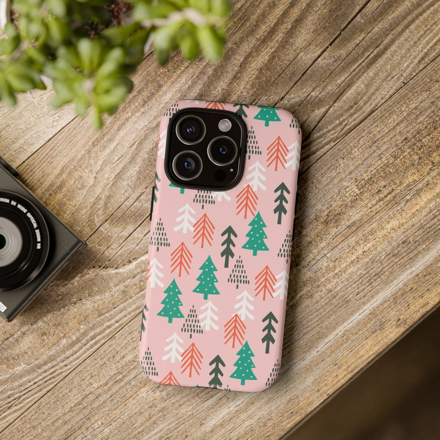 Christmas Trees Pink Background Pattern - iPhone Case