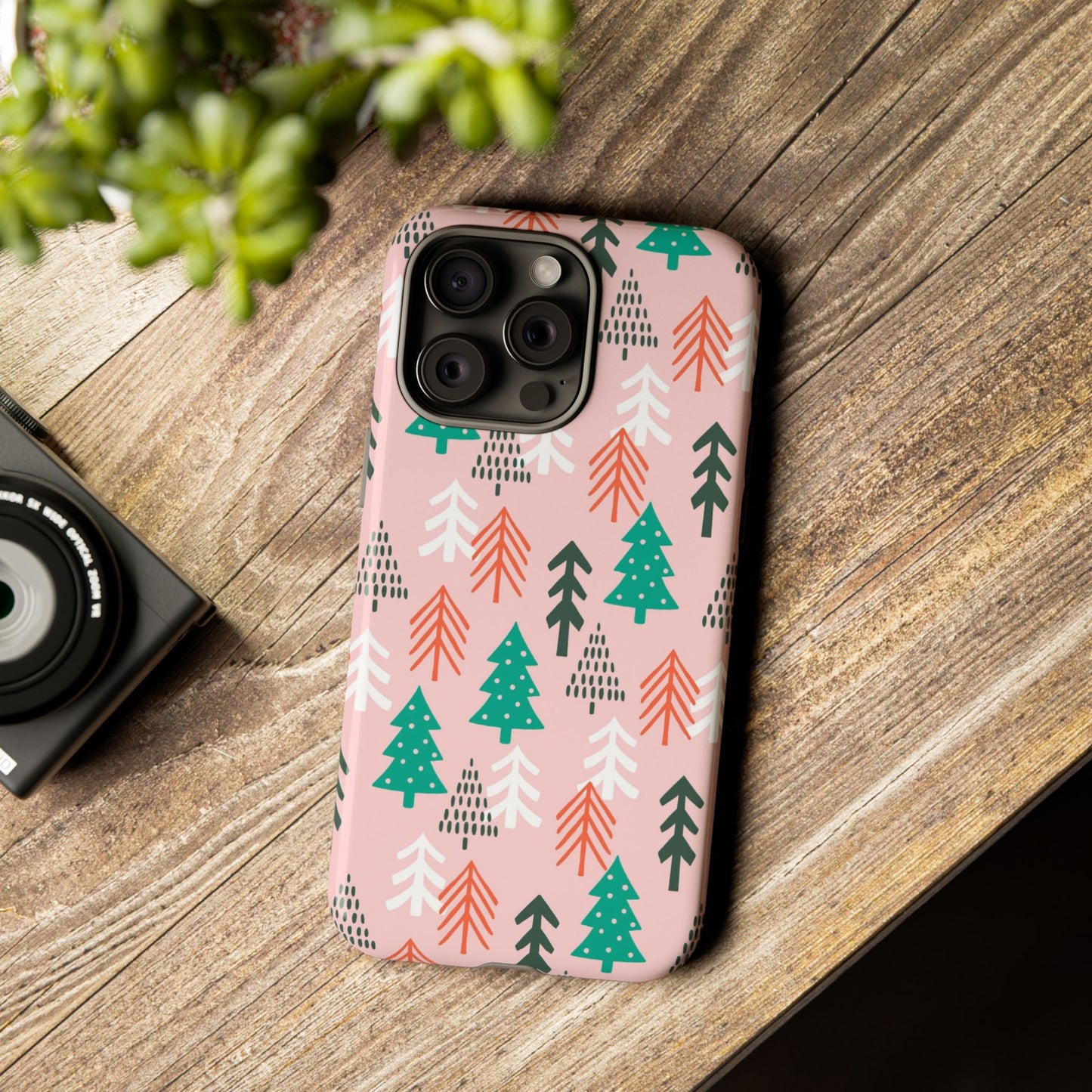 Christmas Trees Pink Background Pattern - iPhone Case