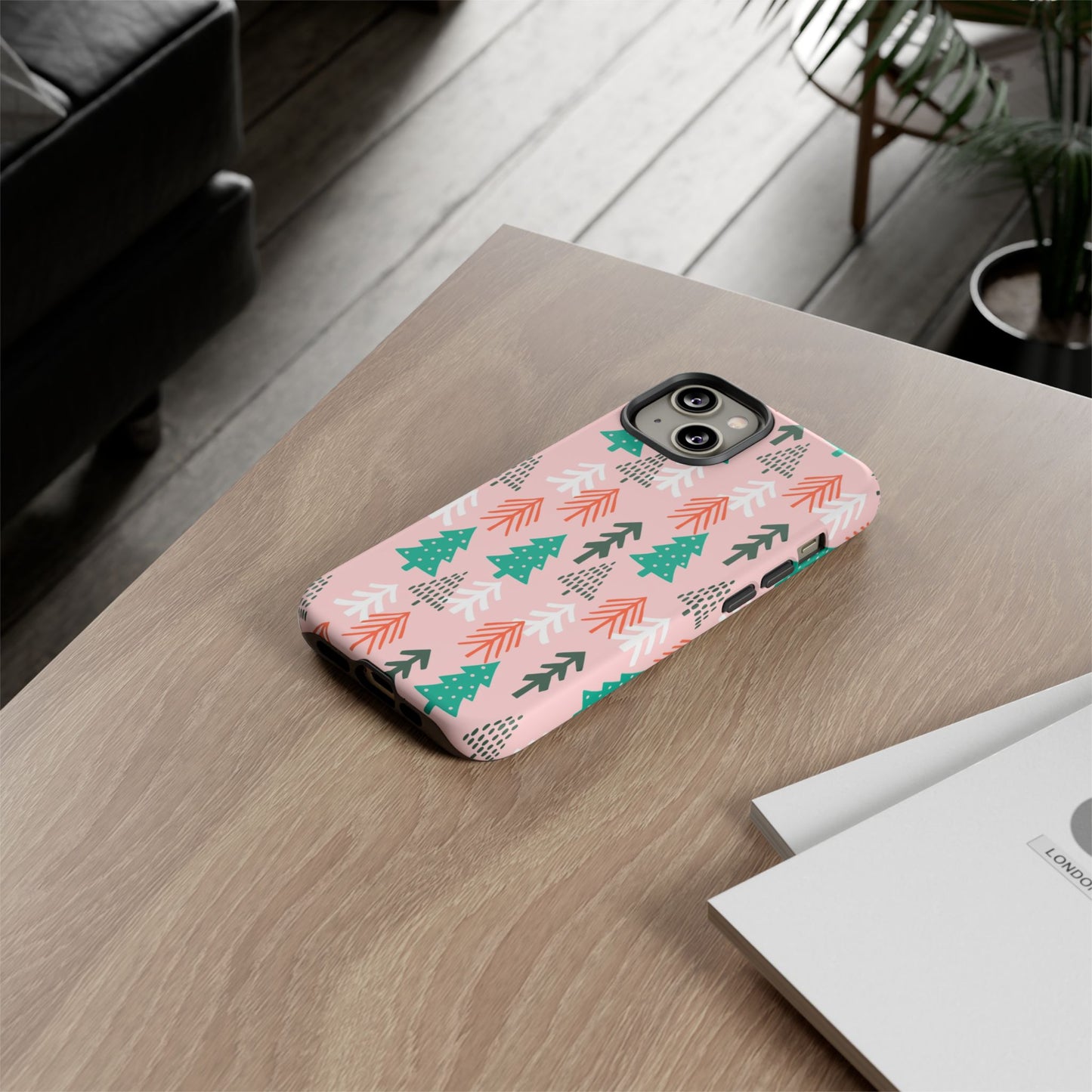 Christmas Trees Pink Background Pattern - iPhone Case