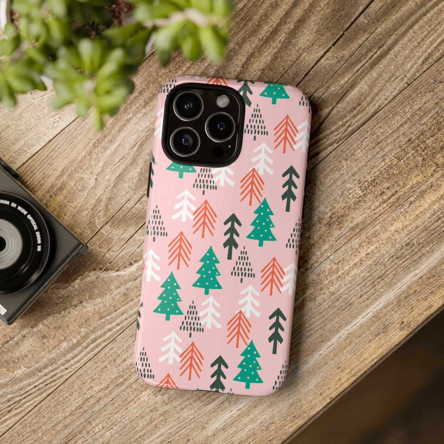 Christmas Trees Pink Background Pattern - iPhone Case