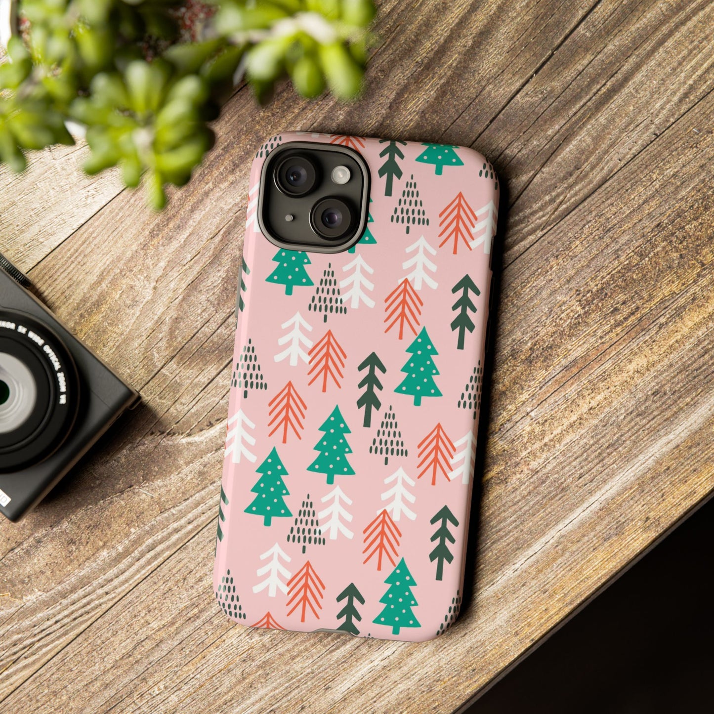 Christmas Trees Pink Background Pattern - iPhone Case