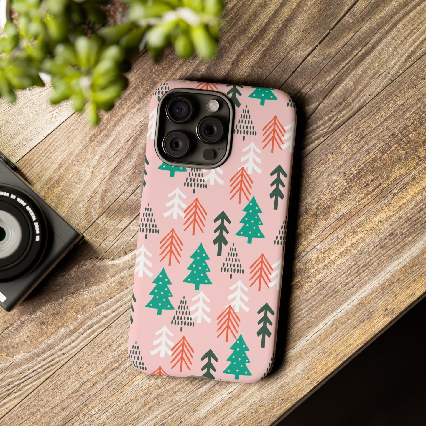 Christmas Trees Pink Background Pattern - iPhone Case