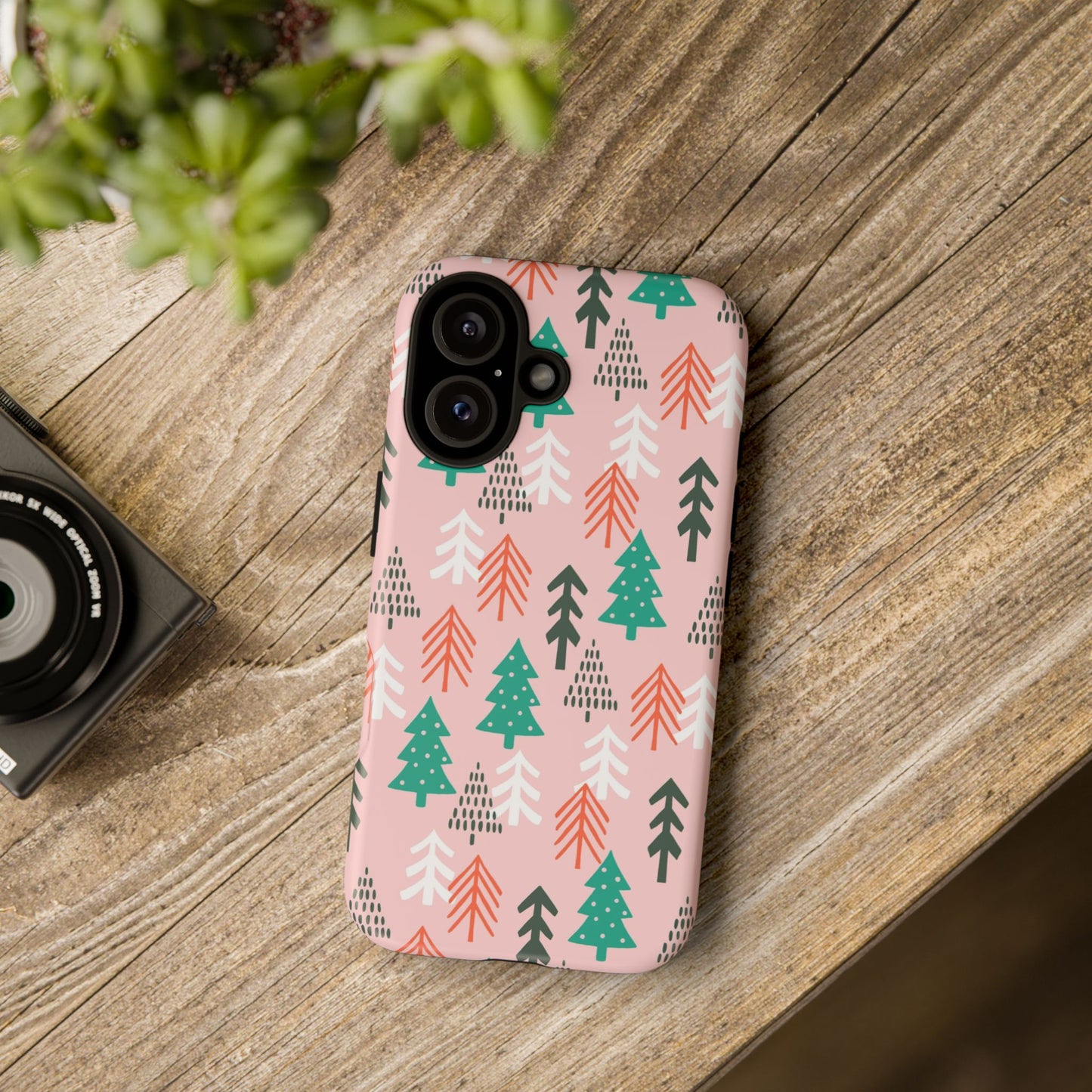 Christmas Trees Pink Background Pattern - iPhone Case