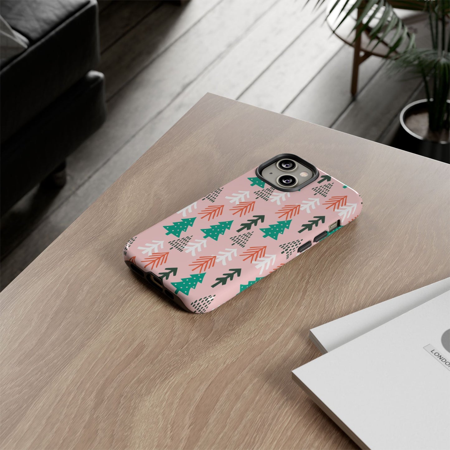 Christmas Trees Pink Background Pattern - iPhone Case